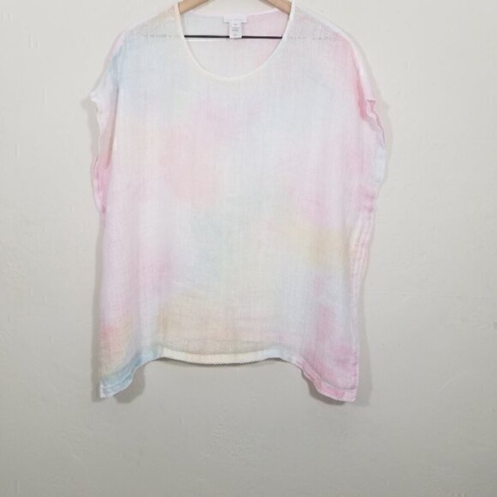J. Jill Linen Tie-Dye Open Weave Oversized Kimono Multicolor Tunic Top Size XS/S
